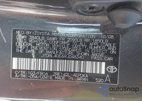 2009 Toyota Corolla Le из США, поврежденный, VIN JTDBL40E69J048340